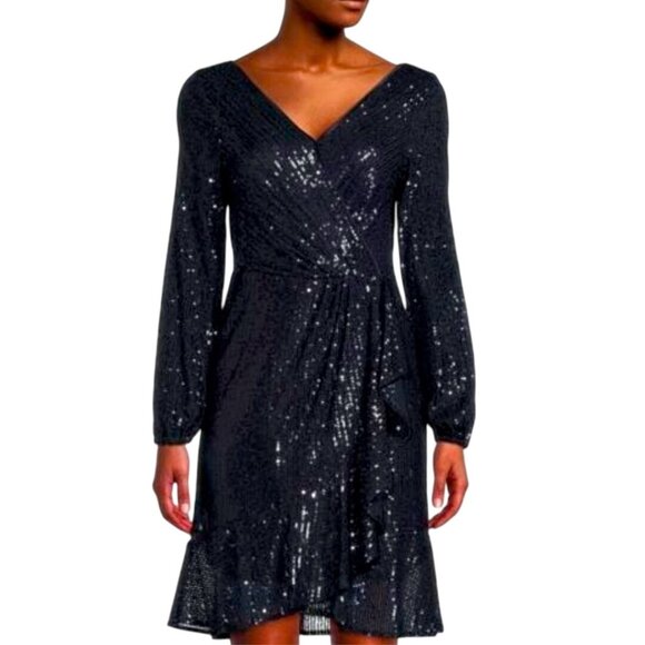 Nanette Lepore Navy Sequined Nanette Faux Wrap Midi Dress Balloon Sleeve Size 14 - Picture 1 of 10